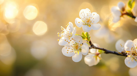 A beautiful close-up of delicate white blossoms on a branch, illuminated by soft golden light in the background. Ideal for spring, nature, and beauty themes.の素材