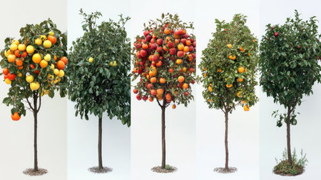 This image showcases various fruit trees featuring bright oranges and red apples, set against a clean white background, highlighting seasonal abundance and nature's beauty.の素材