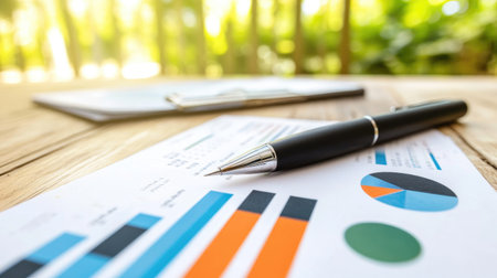 A close-up view of financial documents with charts and graphs, accompanied by a pen, set on a wooden desk with natural greenery in the background. Ideal for business insights.の素材