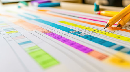 A vibrant project planning sheet featuring colorful markers and pens on a desk, symbolizing organization and productivity in a creative workspace.の素材