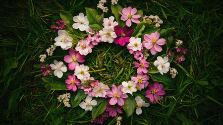 A beautiful floral arrangement featuring vibrant pink and white flowers, elegantly placed in a circular shape on lush green grass, showcasing nature's artistry.の素材