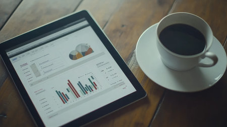 A modern workplace scene featuring a tablet displaying vibrant business charts alongside a steaming cup of coffee on a wooden table, perfect for inspiration.の素材