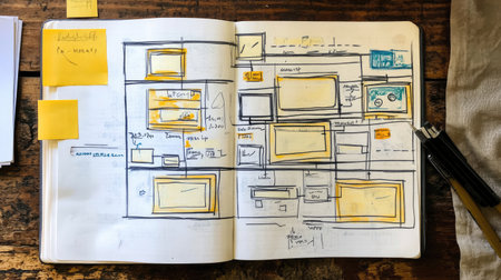 This image showcases a sketchbook open on a rustic wood surface, filled with detailed design concepts, wireframes, and brainstorming notes that inspire creativity.の素材
