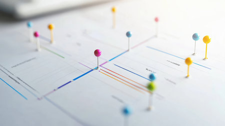 Close-up image of colorful pushpins on a project planning document, showcasing a creative approach to organization and strategic brainstorming in a workspace.の素材