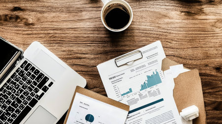 A modern workspace showcasing a laptop, a cup of coffee, and various financial reports on a wooden table, perfect for business analysis and productivity activities.の素材