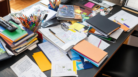 A dynamic workspace filled with creative chaos, showcasing scattered papers, colorful sticky notes, and a variety of office supplies in a vibrant work environment.の素材