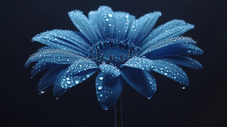 Stunning close-up of a blue flower adorned with glistening dew drops, highlighting its delicate petals against a contrasting dark background, ideal for nature-themed collections.の素材