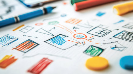 Vibrant sketches showcase a creative brainstorming session on paper with colorful stationery, ideal for graphic design, planning, and innovative projects in any modern workspace.の素材