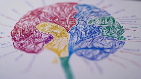 This vibrant, hand-drawn brain illustration showcases various segments and functions using bright colors and artistic flair, perfect for educational materials and creative projects.の素材
