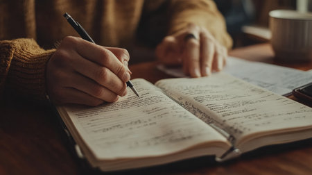 A warm and inviting workspace featuring a person writing notes in a notebook. The cozy setting includes a cup of coffee, creating a perfect atmosphere for creativity and focus.の素材