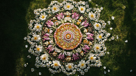 This stunning floral mandala showcases an array of colorful flowers arranged beautifully on green grass, perfect for promoting relaxation and enhancing creativity.の素材