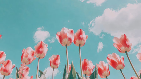 A stunning view of vibrant tulips standing tall against a bright blue sky adorned with fluffy clouds, showcasing the beauty of spring in a colorful garden.の素材