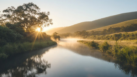 A tranquil river scene featuring a beautiful sunrise, gentle mist hovering above the water, and lush greenery on the banks, creating a serene atmosphere.の素材