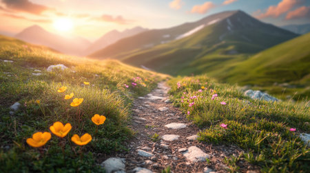 A breathtaking mountain landscape showcasing a peaceful pathway adorned with colorful wildflowers under a stunning sunset, highlighting nature's serene beauty.の素材