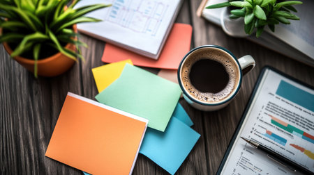 A stylish workspace featuring a cup of coffee, colorful sticky notes, and a green plant. Ideal for demonstrating productivity, organization, and creativity.の素材