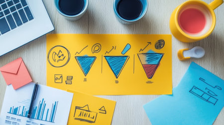 Vibrant workspace showcasing business charts and colorful notes, complemented by coffee cups and a laptop, ideal for illustrating project management and analysis.の素材