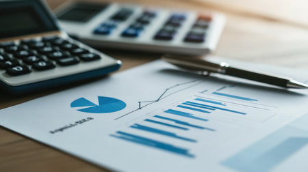 A business analysis setup featuring financial charts, calculators, and a pen, illustrating the essential tools for effective decision-making in a modern office environment.の素材
