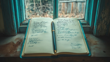 An open notebook filled with handwritten notes is set on a rustic windowsill, bathed in warm sunlight, creating a tranquil atmosphere perfect for reflection.の素材