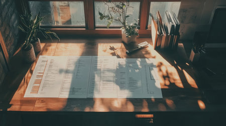 A tranquil workspace showcasing documents under golden sunlight, complemented by a tasteful plant and organized office supplies, perfect for enhancing productivity and creativity.の素材
