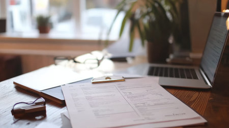 A bright office workspace featuring a clipboard with documents, a laptop, stylish glasses, and indoor plants, symbolizing productivity and focus in a professional setting.の素材
