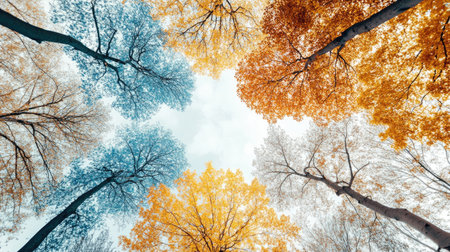 Experience the stunning beauty of autumn with an overhead view of trees displaying vivid colors against a soft, cloudy sky. Nature's vibrant palette captivates.の素材