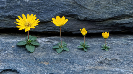 This captivating image showcases the gradual growth of yellow flowers against a rocky surface, highlighting their beauty and delicate nature in a serene outdoor setting.の素材
