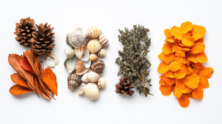 A visually engaging collection of natural elements featuring pine cones, seashells, lichen, and vibrant dried petals, perfect for creative and artistic projects.の素材