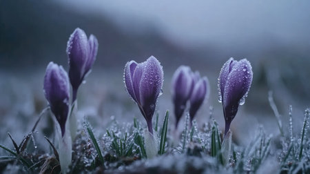 A stunning capture of purple crocus flowers adorned with dew, emerging from a frosty landscape, creating a tranquil and serene atmosphere in the early morning light.の素材