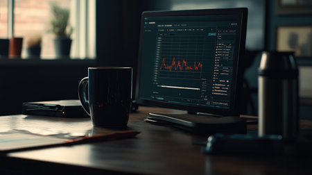 A cozy workspace featuring a coffee mug next to a computer displaying financial graphs and trends. Ideal for capturing productivity and business analysis in a warm environment.の素材