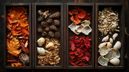 A beautiful arrangement of natural materials including colorful leaves and seashells in wooden boxes, showcasing the diversity of textures and colors in nature.の素材