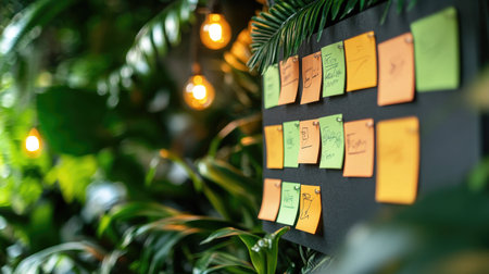 A vibrant scene featuring colorful sticky notes pinned on a black board surrounded by lush green plants and warm lights, perfect for promoting creativity and idea generation.の素材