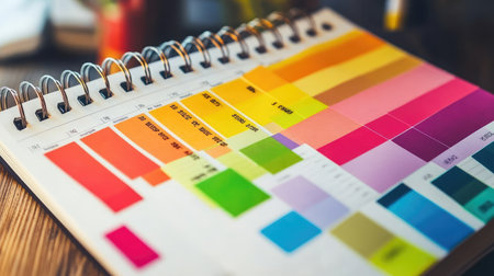 A beautifully arranged color palette and swatch book lay open on a rustic wooden table, offering a vibrant selection of hues for artistic and design inspiration.の素材
