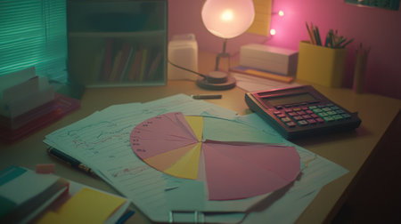 A vibrant office desk scene featuring colorful papers and charts, a calculator, and stationery, perfect for illustrating a creative and organized workspace.の素材