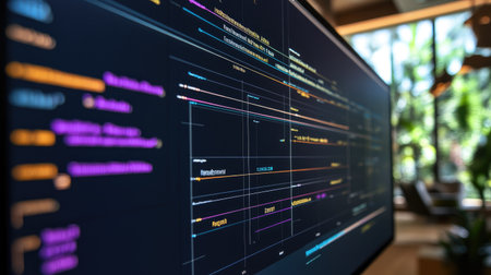 This image features a close-up view of colorful code displayed on a computer screen, highlighting programming concepts in a modern workspace filled with greenery.の素材