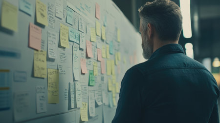 A man stands in front of a wall filled with colorful sticky notes, deep in thought as he organizes various ideas and tasks, showcasing a productive workspace atmosphere.の素材