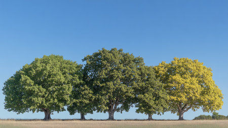 Explore the beauty of four distinct trees showcasing vibrant greens and yellows, set against a clear blue sky, representing seasonal changes in a serene outdoor landscape.の素材