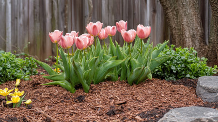A stunning display of pink tulips rises from rich brown mulch, surrounded by fresh green foliage, creating a serene and vibrant garden atmosphere perfect for springtime.の素材