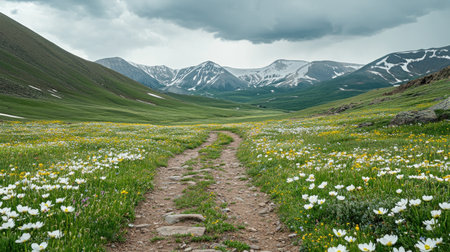 A scenic pathway winds through a vibrant meadow filled with wildflowers, leading toward majestic snow-capped mountains under a dramatic cloudy sky.の素材