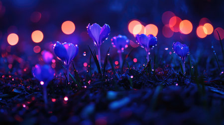 Capture the enchanting beauty of crocus flowers adorned with dew against a dreamy backdrop of colorful bokeh lights on a tranquil evening.の素材