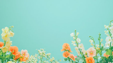 A stunning display of vibrant flowers in shades of orange and white against a calming aqua background, perfect for capturing the essence of spring and summer joy.の素材