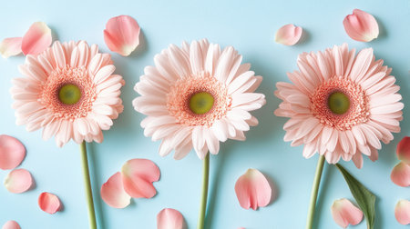 A beautiful arrangement of delicate pink gerbera daisies on a soft blue background, complemented by scattered petals, ideal for floral decoration and creative projects.の素材