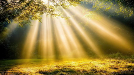 Stunning sunbeams filter through a lush forest canopy, casting warm light over a tranquil meadow, creating a serene and magical morning atmosphere perfect for relaxation.の素材