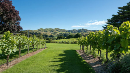 A stunning vineyard scene showcasing neatly arranged vines with green leaves, set against rolling hills under a bright blue sky, perfect for relaxation and nature appreciation.の素材