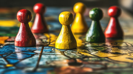 Vibrant colors of game pieces on a board capture the essence of family fun and strategy during game night, showcasing interaction and teamwork in play.の素材