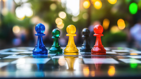 Vibrant and transparent chess pieces in assorted colors sit on a table, surrounded by a soft-focus outdoor park background, creating a playful and engaging atmosphere.の素材