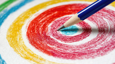 This close-up image showcases a colorful spiral created with vibrant colored pencils on textured paper, emphasizing creativity and artistic expression in everyday art activities.の素材