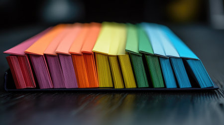 A captivating display of colorful notebooks arranged in a gradient on a dark wooden surface. Ideal for inspiration, creativity, and organization in artistic pursuits.の素材