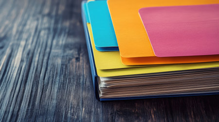 Vibrant folders in various colors are neatly arranged on a wooden surface, perfect for enhancing organization and adding a pop of color to office and study environments.の素材