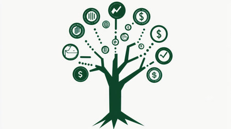 This illustration features a tree composed of symbols representing financial growth, investments, and economic progress, perfect for finance-related projects.の素材