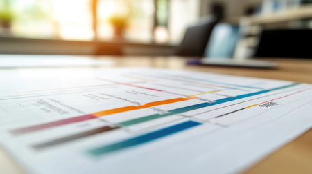 A vibrant project timeline document lies on a wooden table in a modern office. Natural light filters through large windows, creating a productive atmosphere perfect for planning.の素材